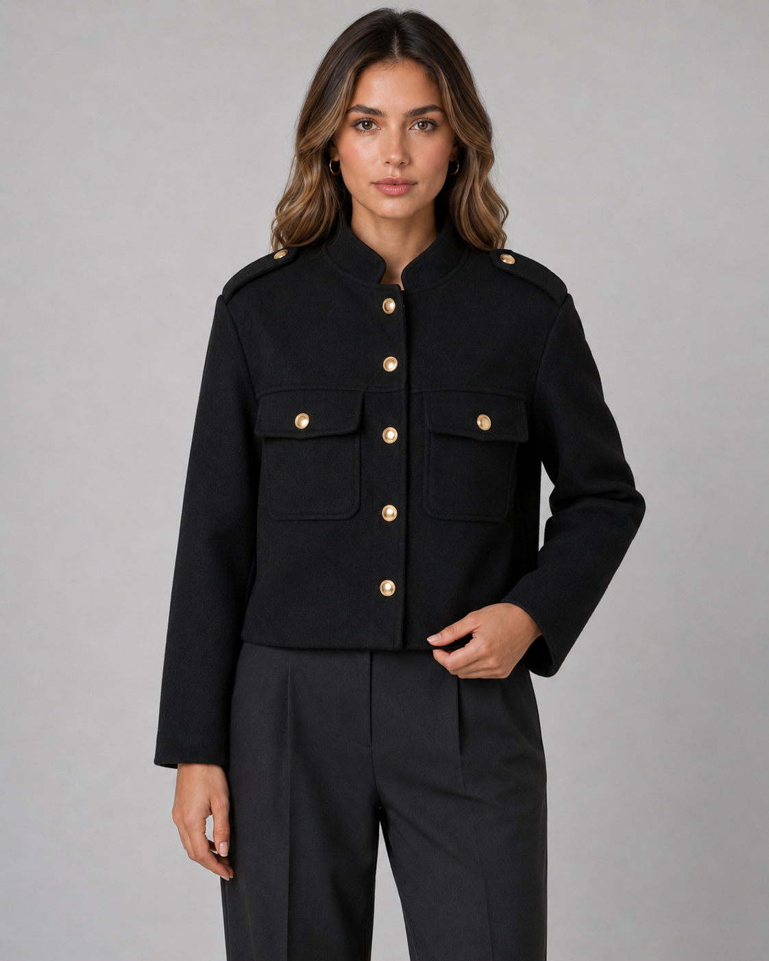 Kacob | Women's Stand Collar Gold Button Jacket