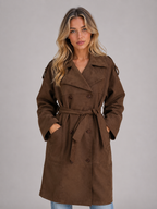 Kacob | Women's Suede-Look Belted Double-Breasted Long Trench Coat