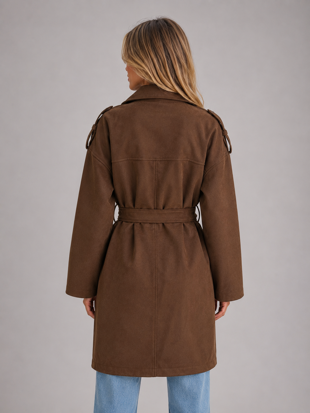 Kacob | Women's Suede-Look Belted Double-Breasted Long Trench Coat