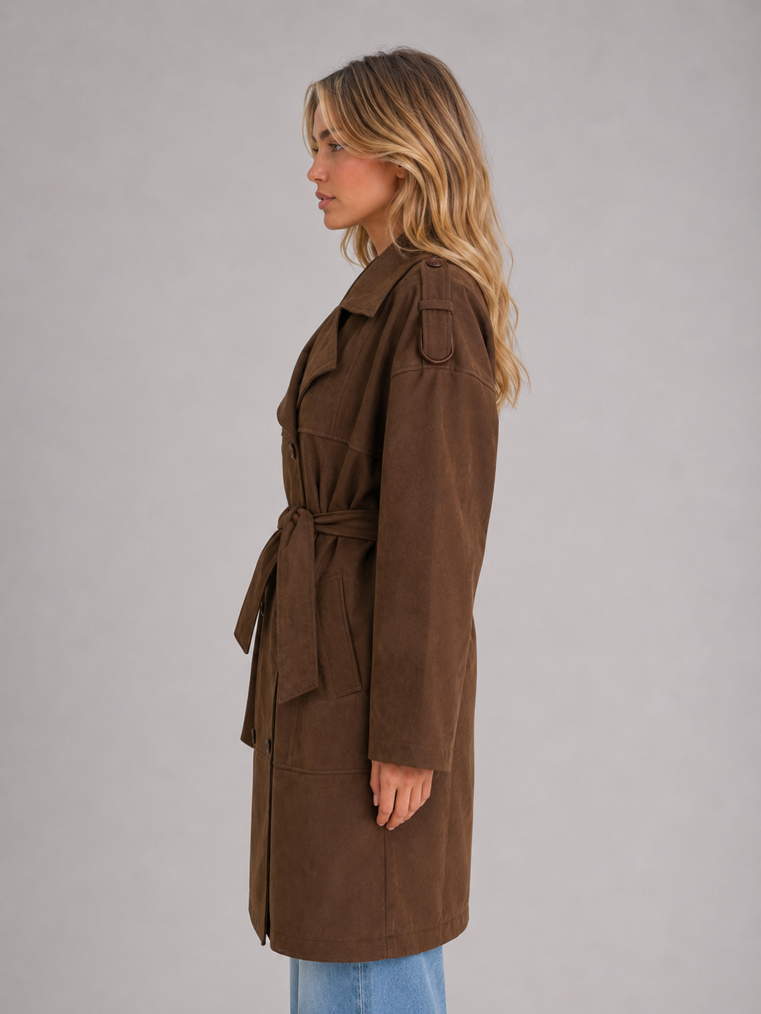 Kacob | Women's Suede-Look Belted Double-Breasted Long Trench Coat