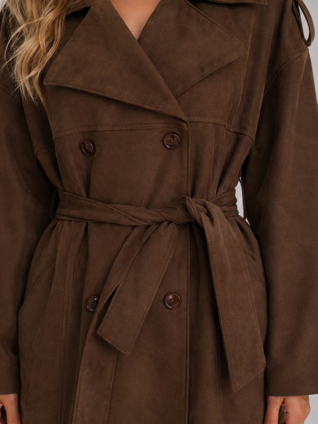 Kacob | Women's Suede-Look Belted Double-Breasted Long Trench Coat