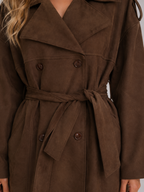 Kacob | Women's Suede-Look Belted Double-Breasted Long Trench Coat
