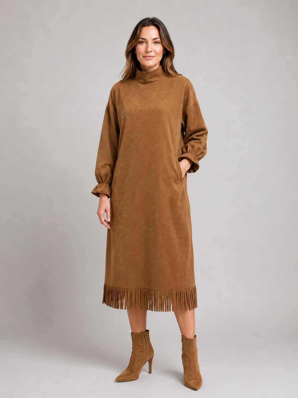 Kacob | Women's Suede-Look High Neck Fringe Hem Midi Dress