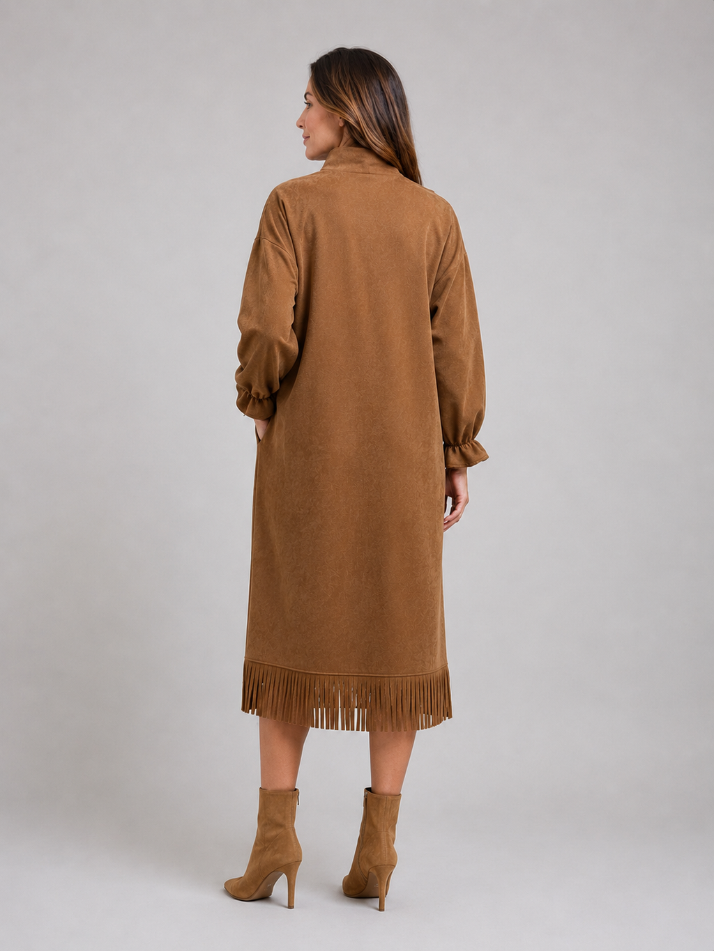 Kacob | Women's Suede-Look High Neck Fringe Hem Midi Dress