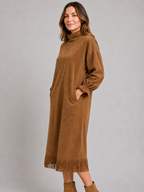 Kacob | Women's Suede-Look High Neck Fringe Hem Midi Dress