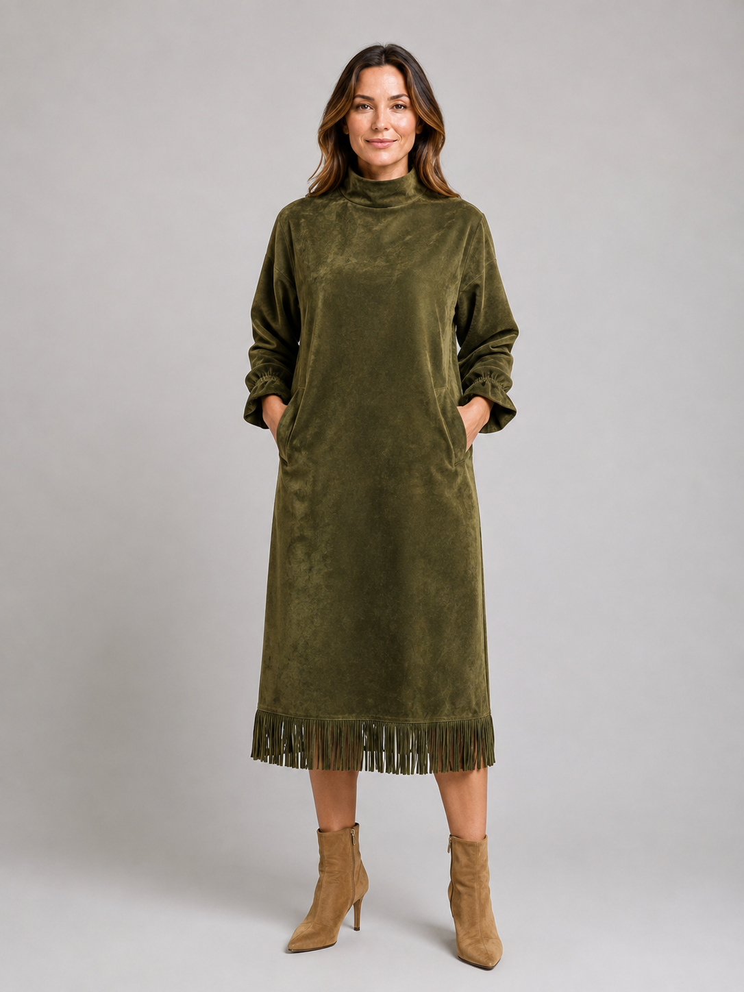 Kacob | Women's Suede-Look High Neck Fringe Hem Midi Dress