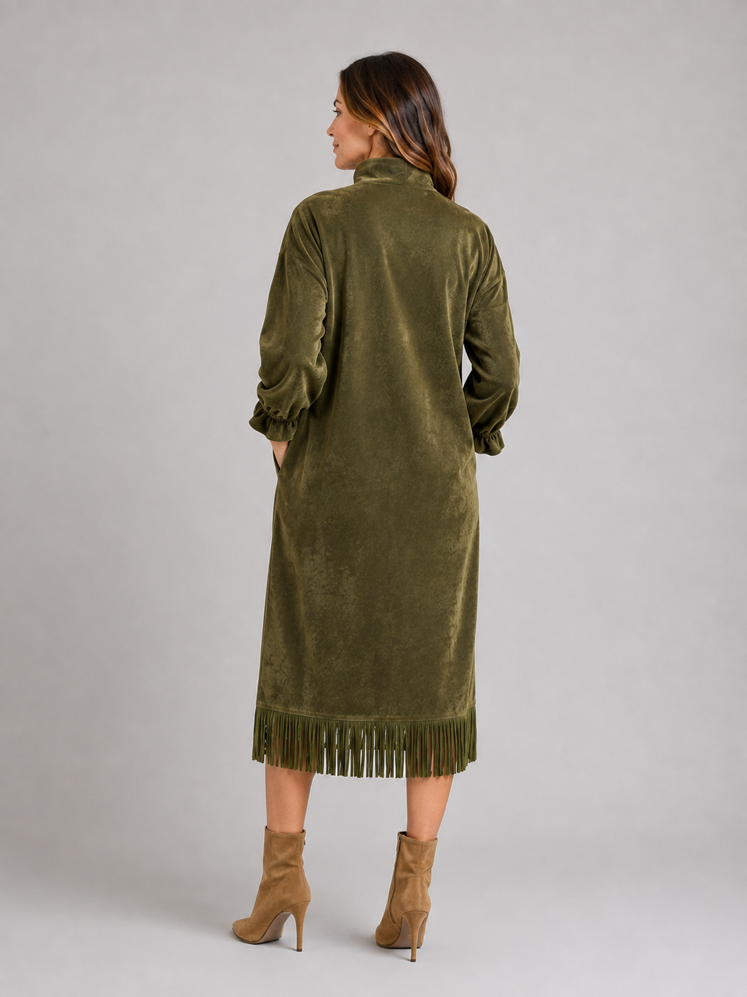 Kacob | Women's Suede-Look High Neck Fringe Hem Midi Dress