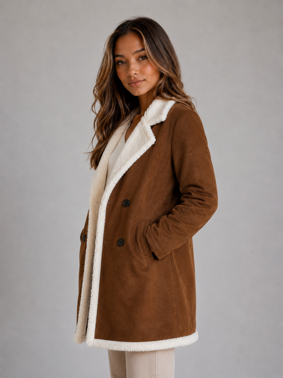 Kacob | Women's Suede-Look Longline Shearling Trim Coat