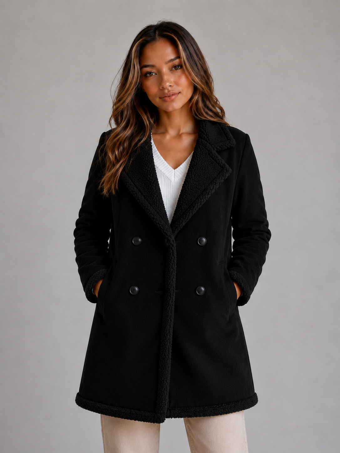 Kacob | Women's Suede-Look Longline Shearling Trim Coat