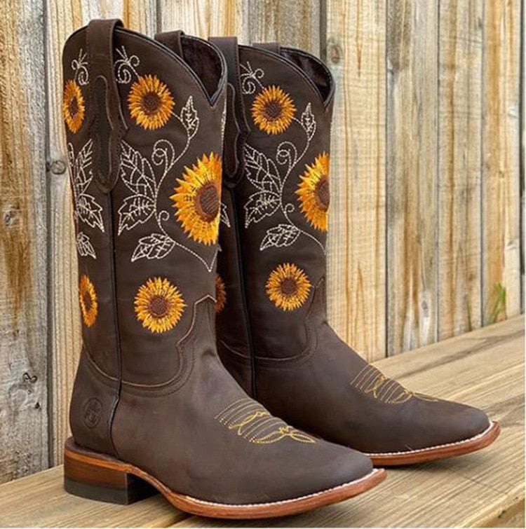 Kacob | Women's Sunflower Embroidered Cowboy Boots