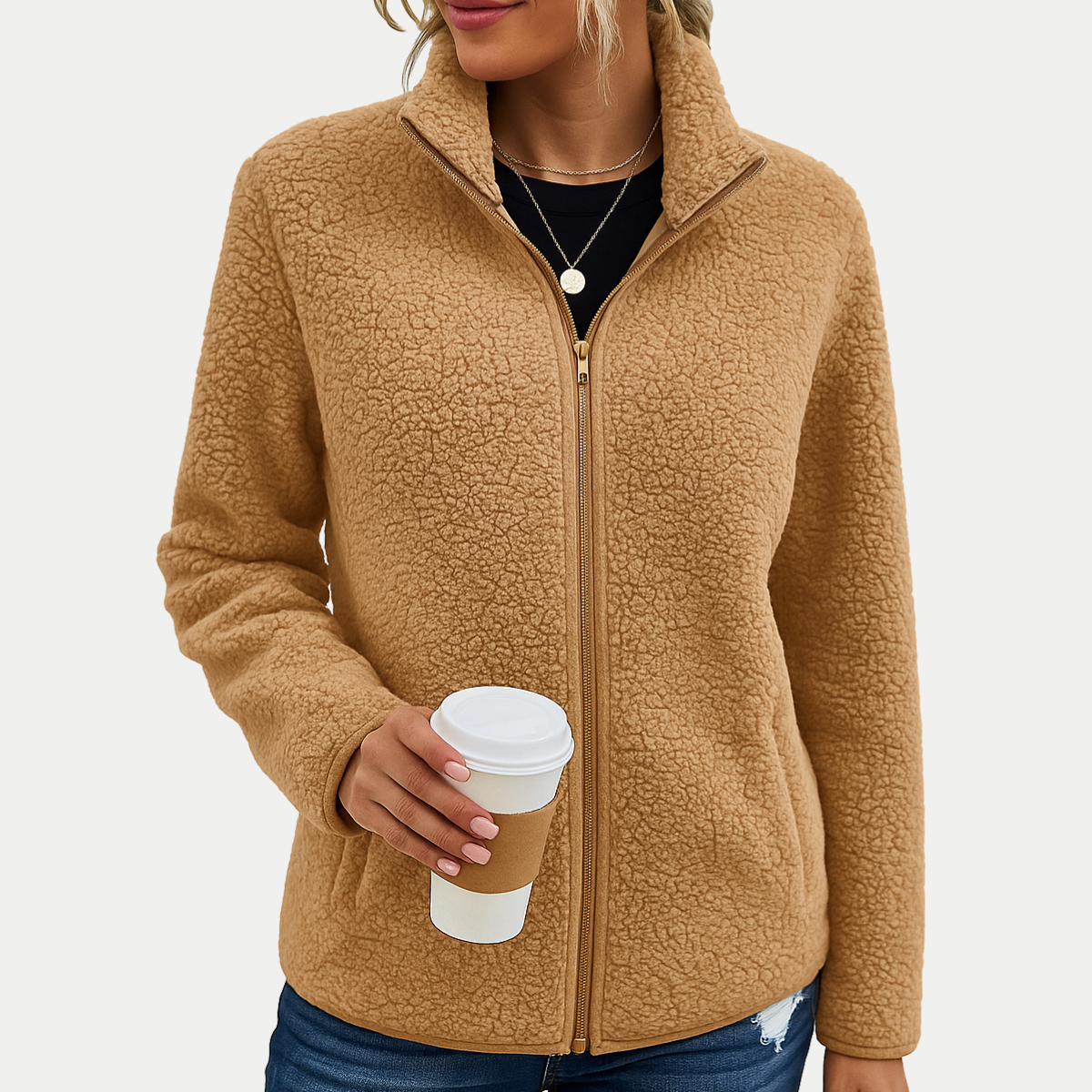 Women's Textured Fleece Zip-Up High Collar Jacket