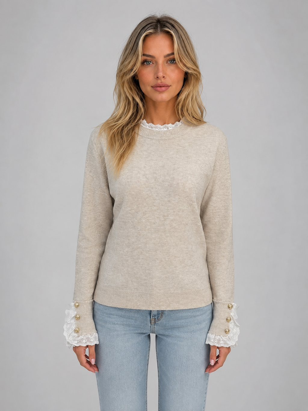 Kacob | Women's Trim Detail Crew Neck Knitted Jumper