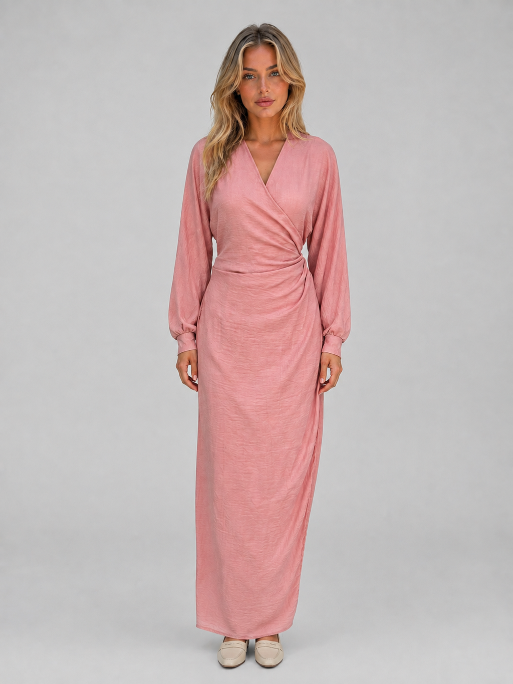 Kacob | Women's V-Neck Ruched Long Sleeve Wrap Maxi Dress
