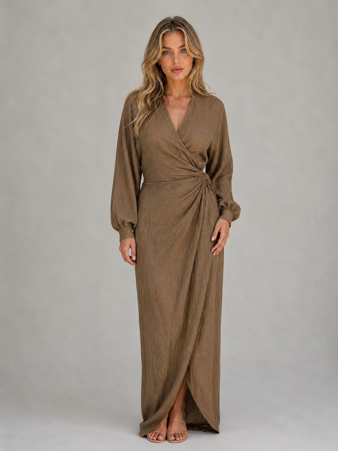 Kacob | Women's V-Neck Ruched Long Sleeve Wrap Maxi Dress