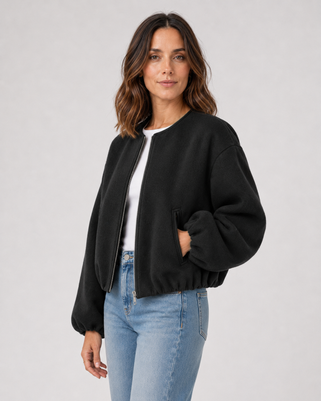 Kacob | Women's Wool-Blend Cropped Bomber Jacket