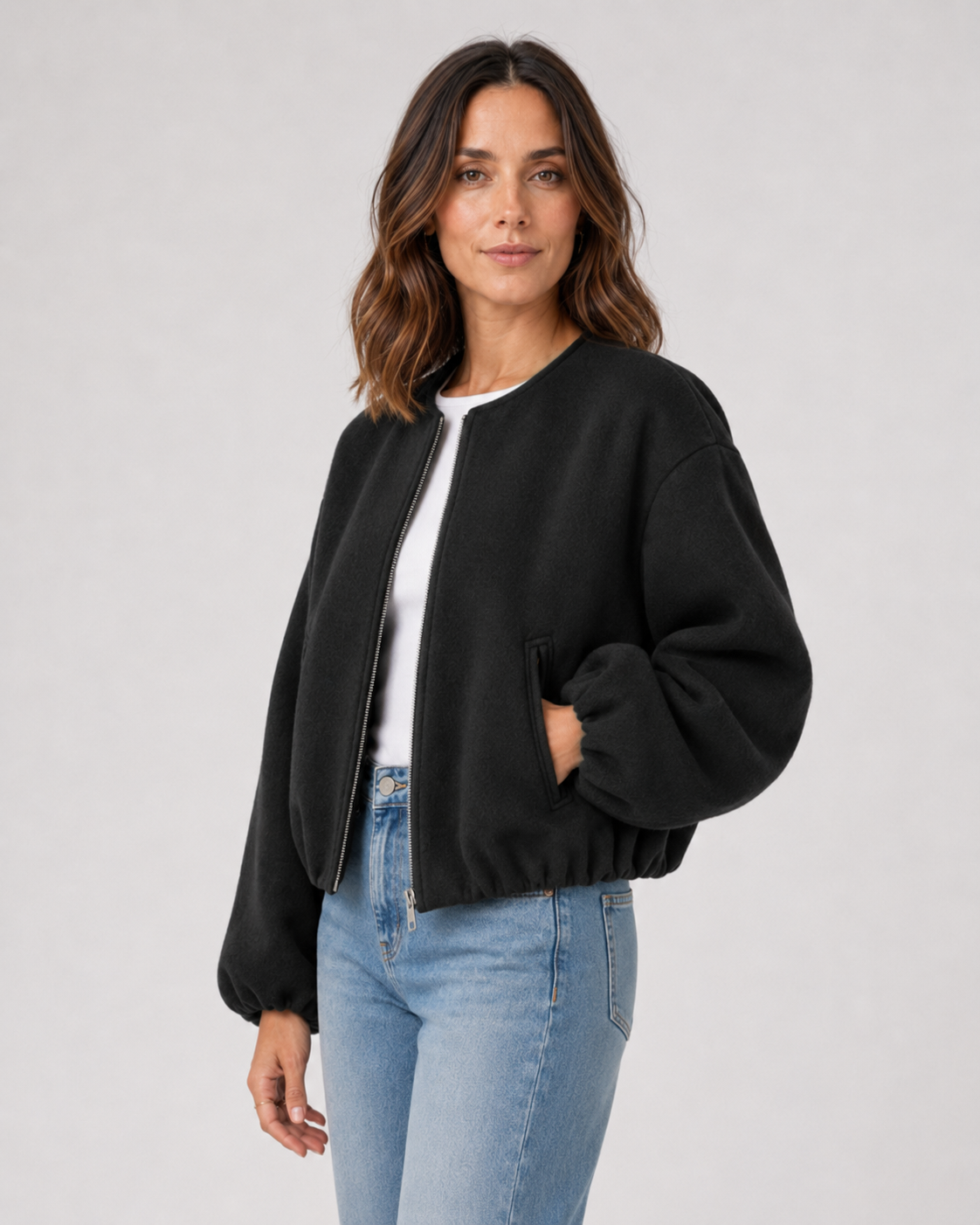 Kacob | Women's Wool-Blend Cropped Bomber Jacket