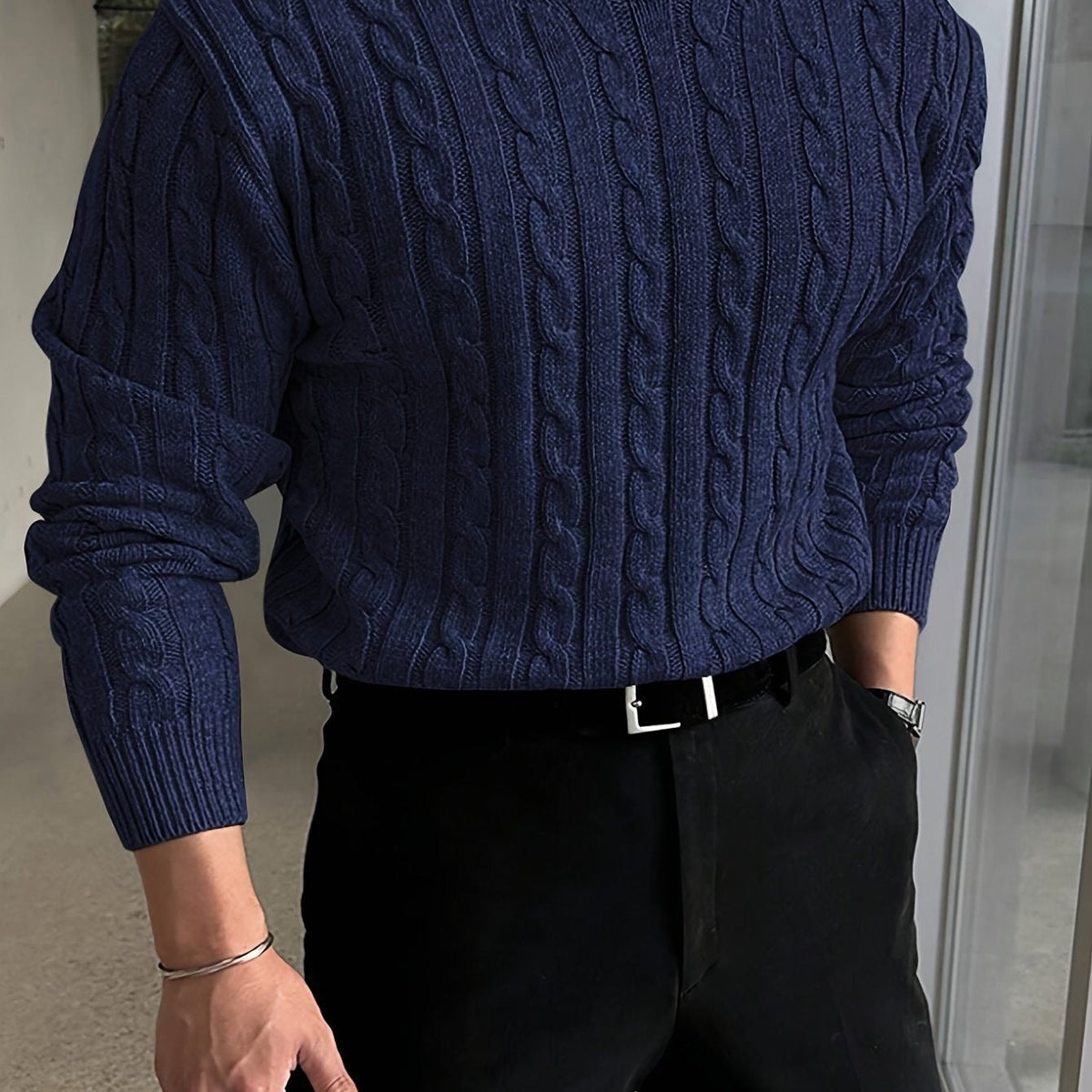 Kacob | Men's Cable Knit Jumper – Crew Neck Knitted Sweater