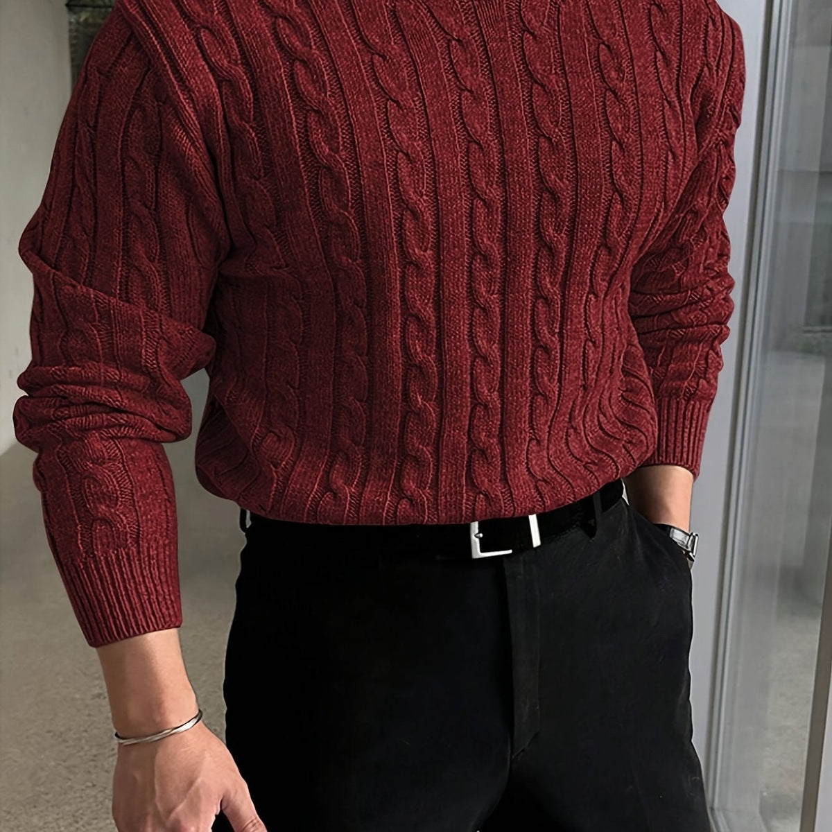 Kacob | Men's Cable Knit Jumper – Crew Neck Knitted Sweater