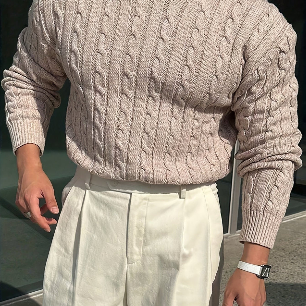Kacob | Men's Cable Knit Jumper – Crew Neck Knitted Sweater