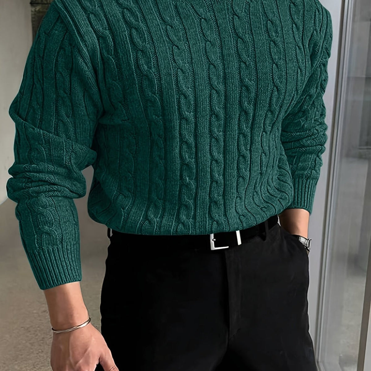 Kacob | Men's Cable Knit Jumper – Crew Neck Knitted Sweater