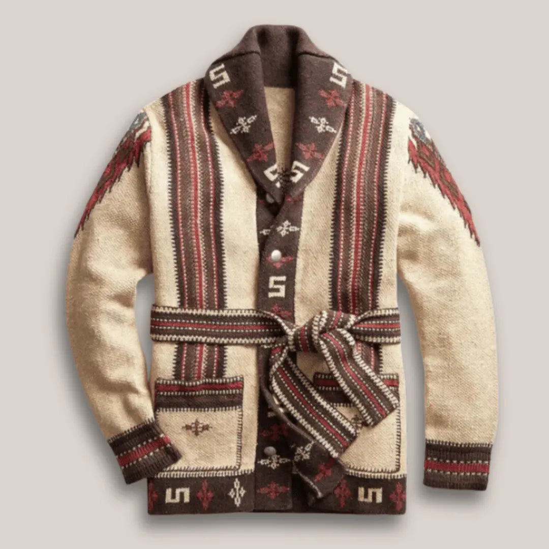 Men's Belted Shawl Collar Cardigan – Heritage Jacquard Knit Cardigan