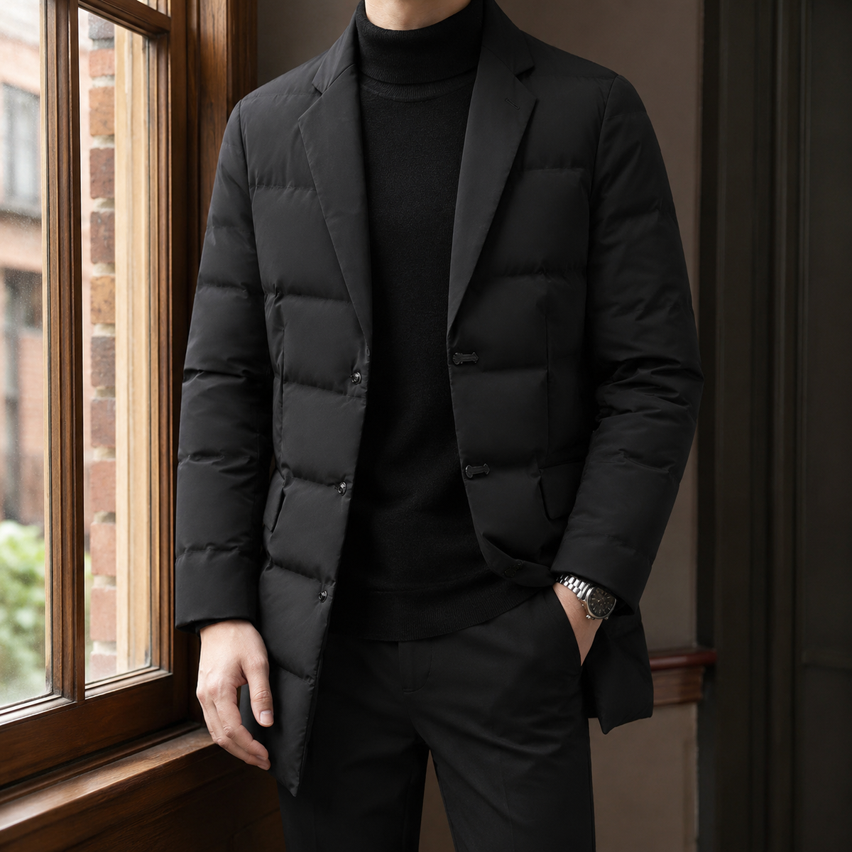 Men's Black Quilted Puffer Blazer – Notch Lapel Longline Blazer Jacket