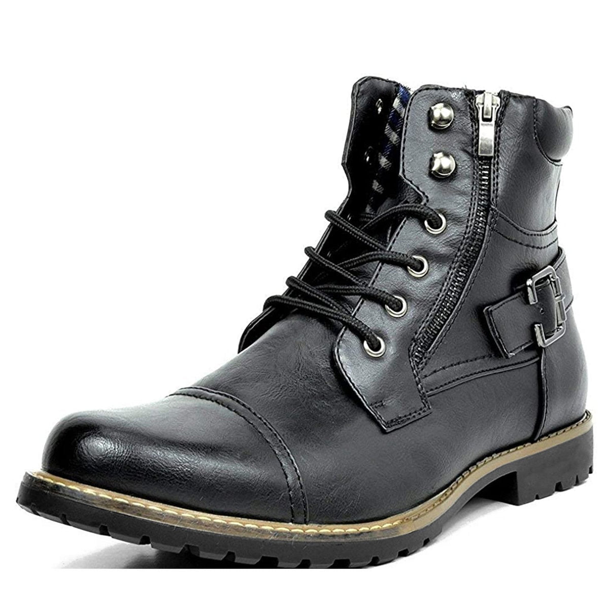 Kacob | Men's Buckle Lace Up Boots – Side Zip Cap Toe Ankle Boots