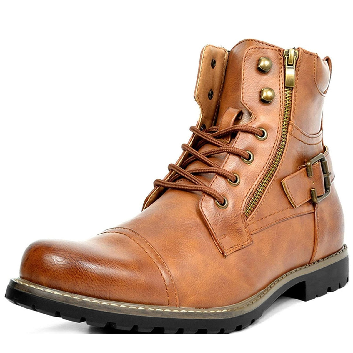 Kacob | Men's Buckle Lace Up Boots – Side Zip Cap Toe Ankle Boots