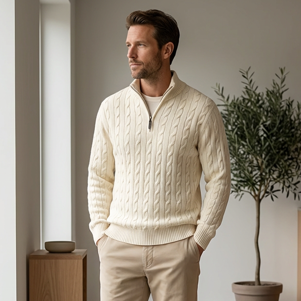 Men's Cable Knit Half Zip Jumper – Funnel Neck Knit