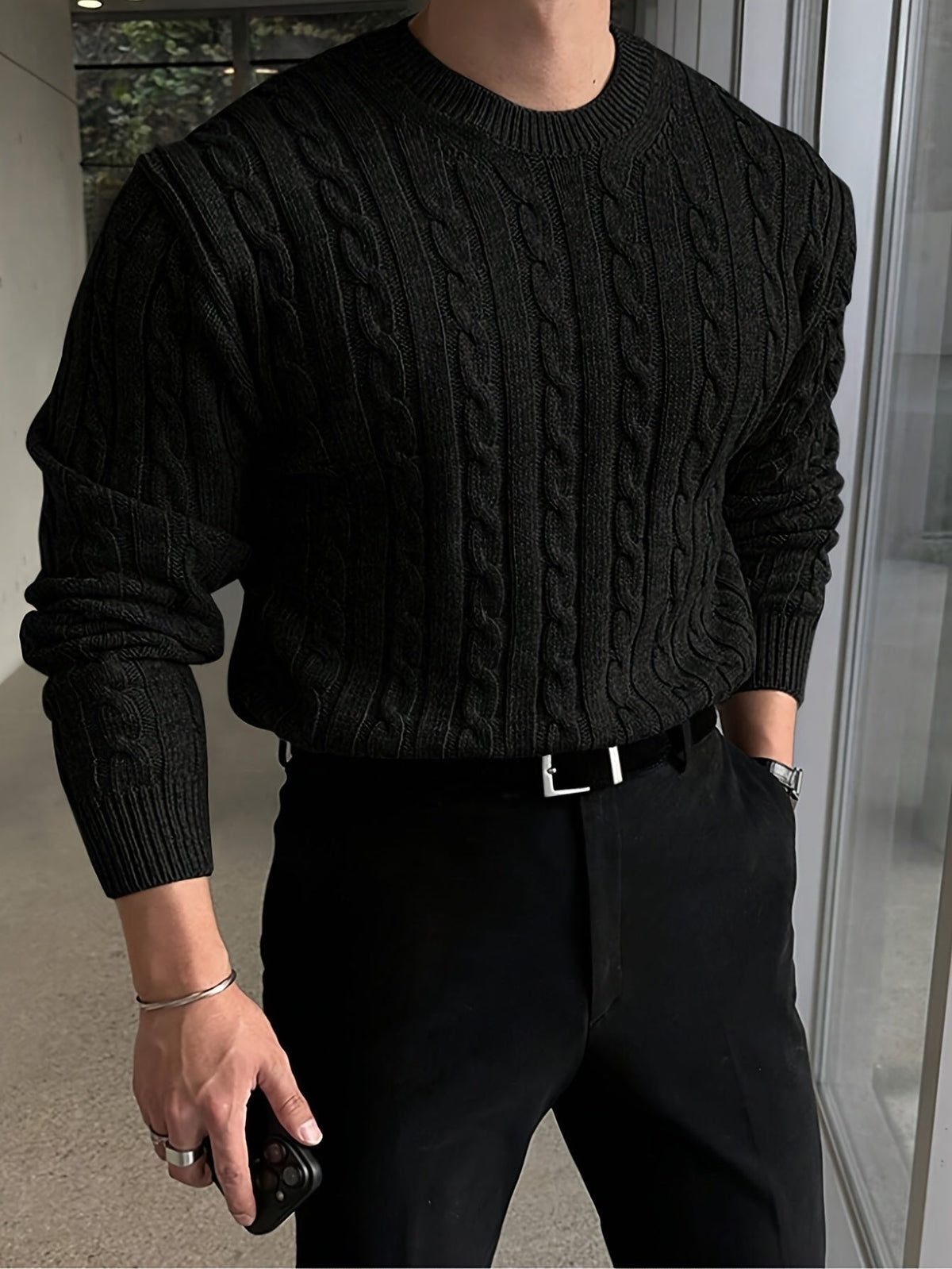 Kacob | Men's Cable Knit Jumper – Crew Neck Knitted Sweater