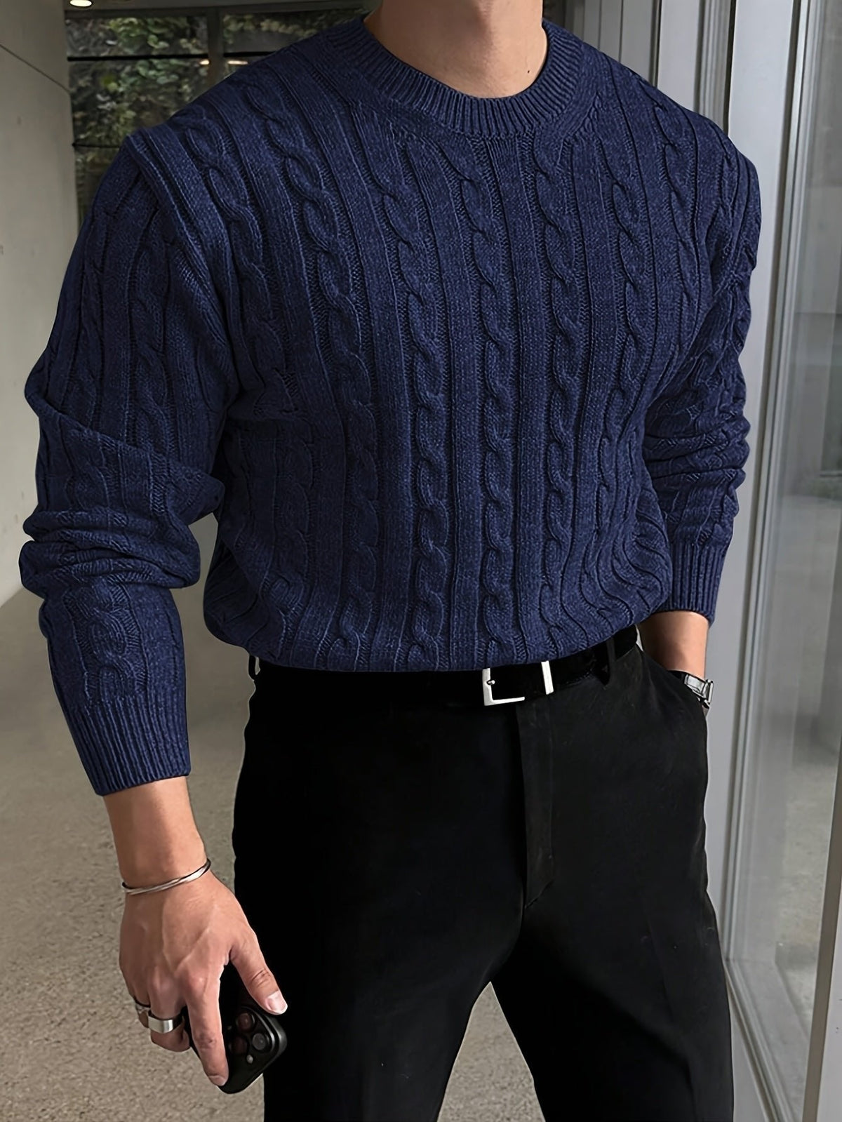 Kacob | Men's Cable Knit Jumper – Crew Neck Knitted Sweater