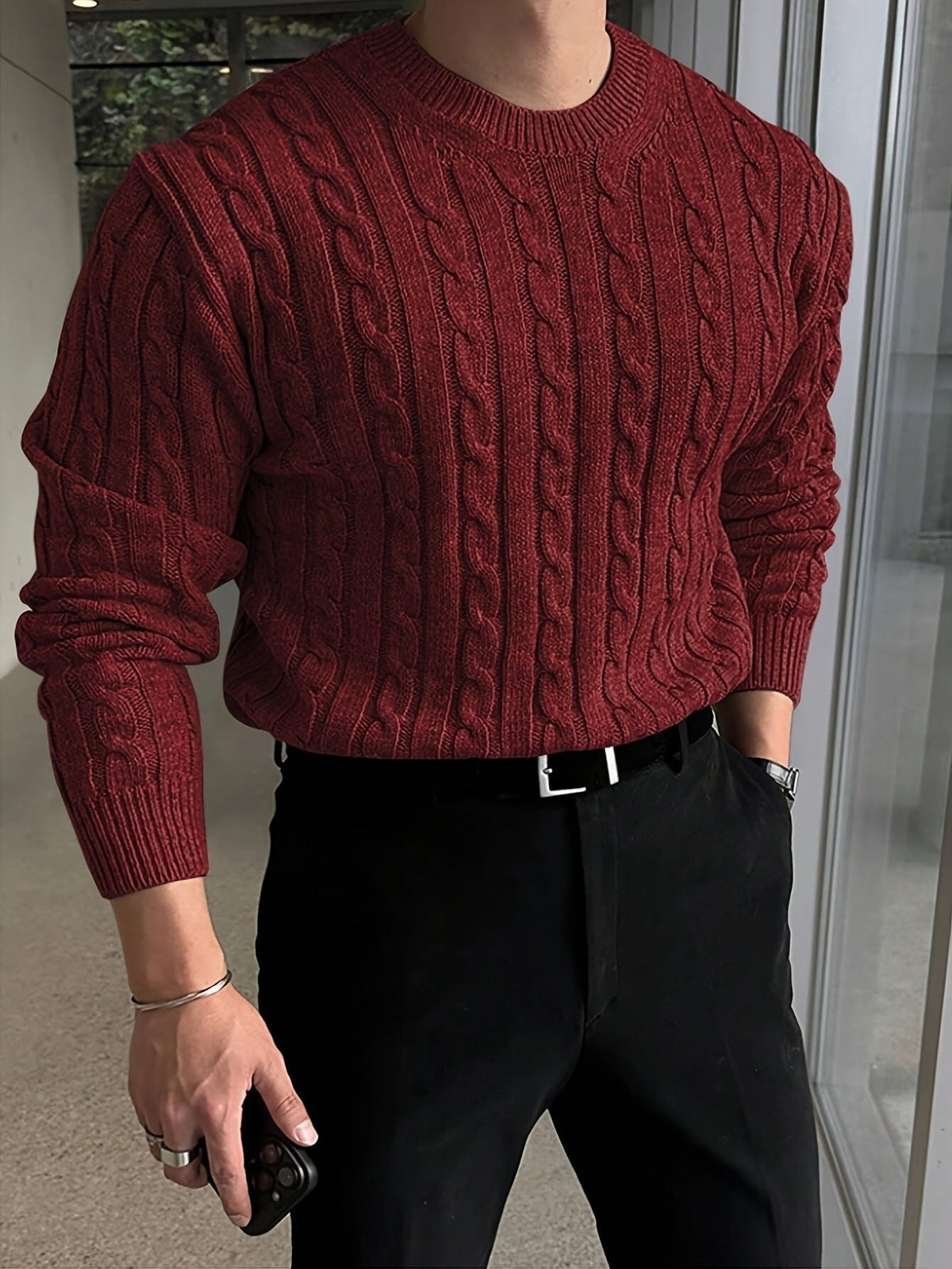 Kacob | Men's Cable Knit Jumper – Crew Neck Knitted Sweater