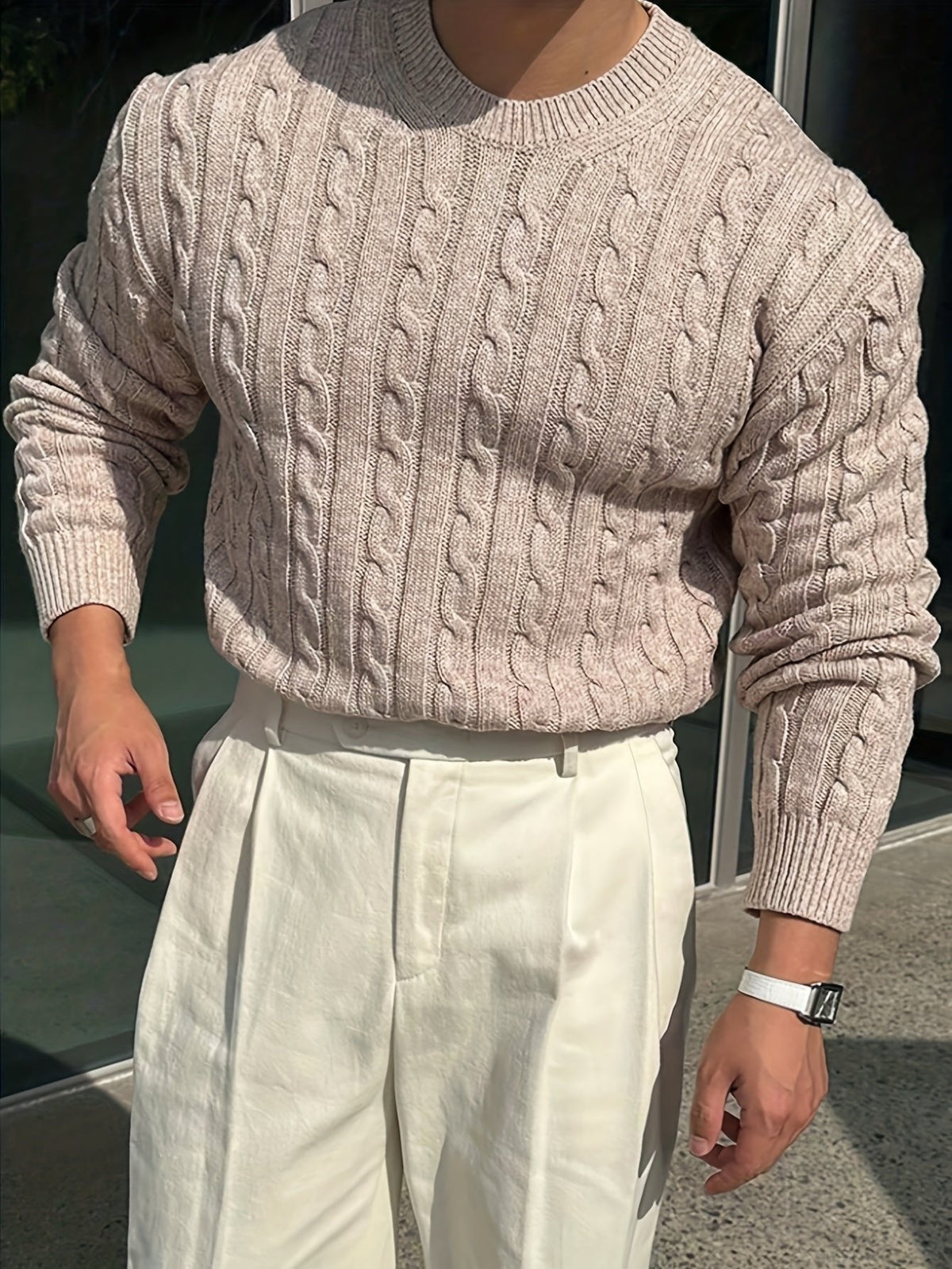 Kacob | Men's Cable Knit Jumper – Crew Neck Knitted Sweater