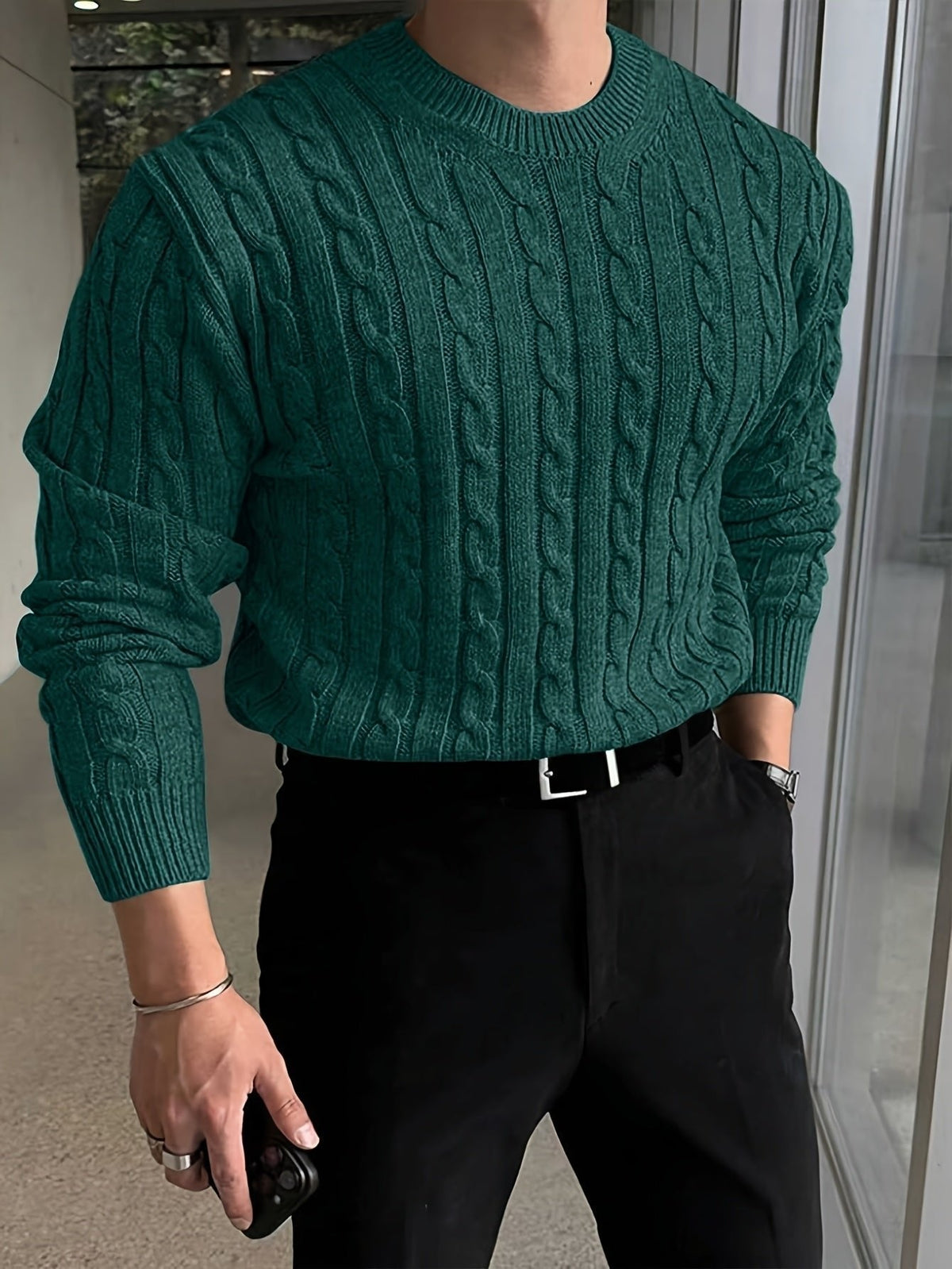Kacob | Men's Cable Knit Jumper – Crew Neck Knitted Sweater