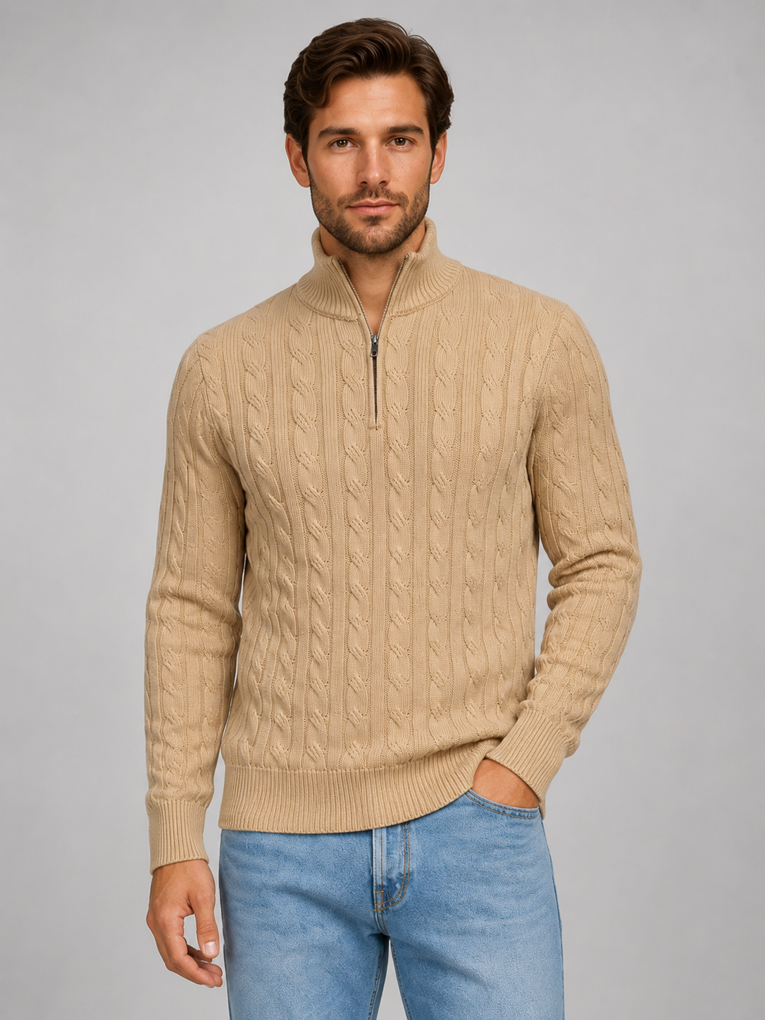 Kacob | Men's Cable Knit Quarter Zip Jumper – Funnel Neck Knitted Jumper