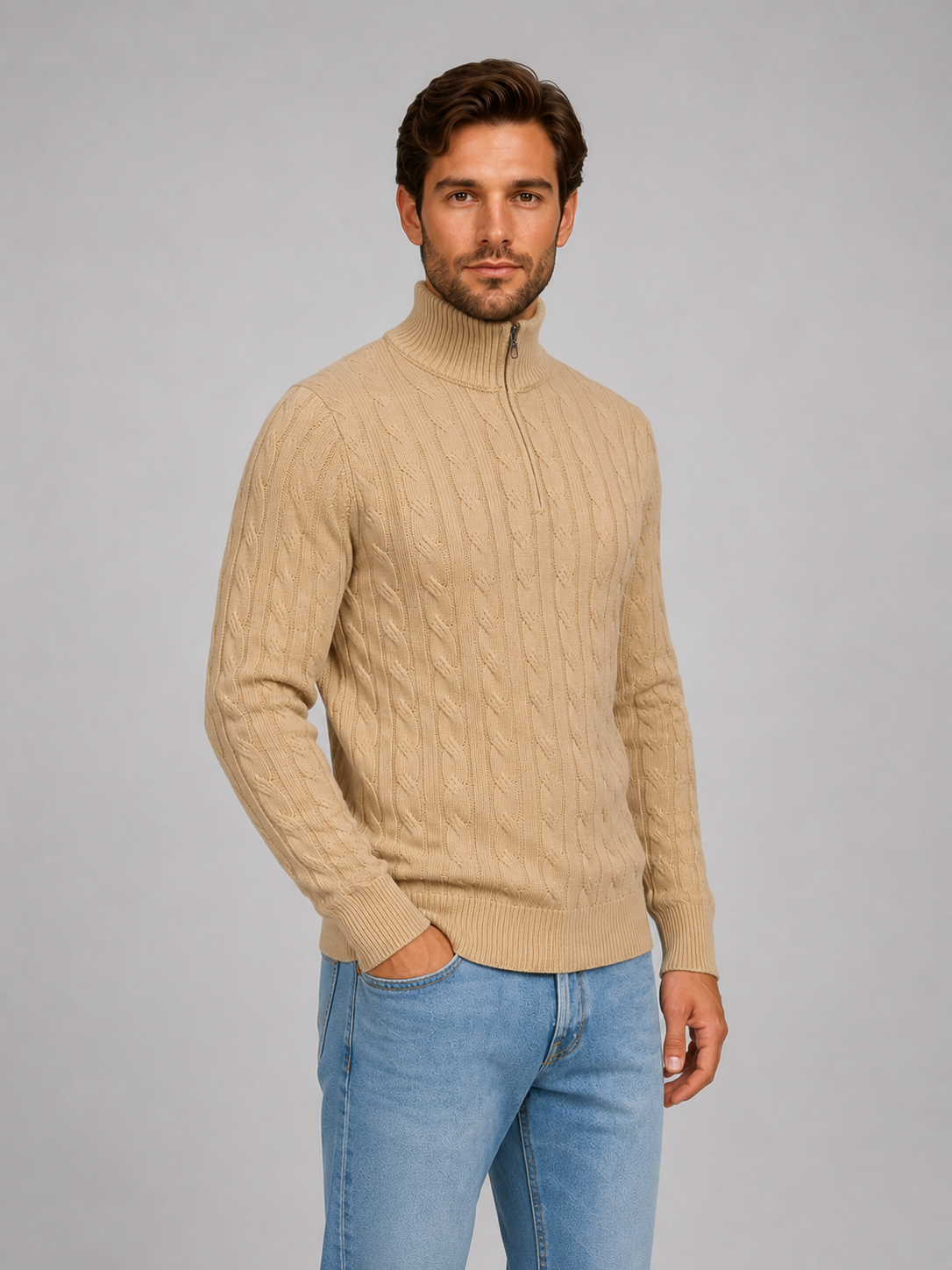 Kacob | Men's Cable Knit Quarter Zip Jumper – Funnel Neck Knitted Jumper