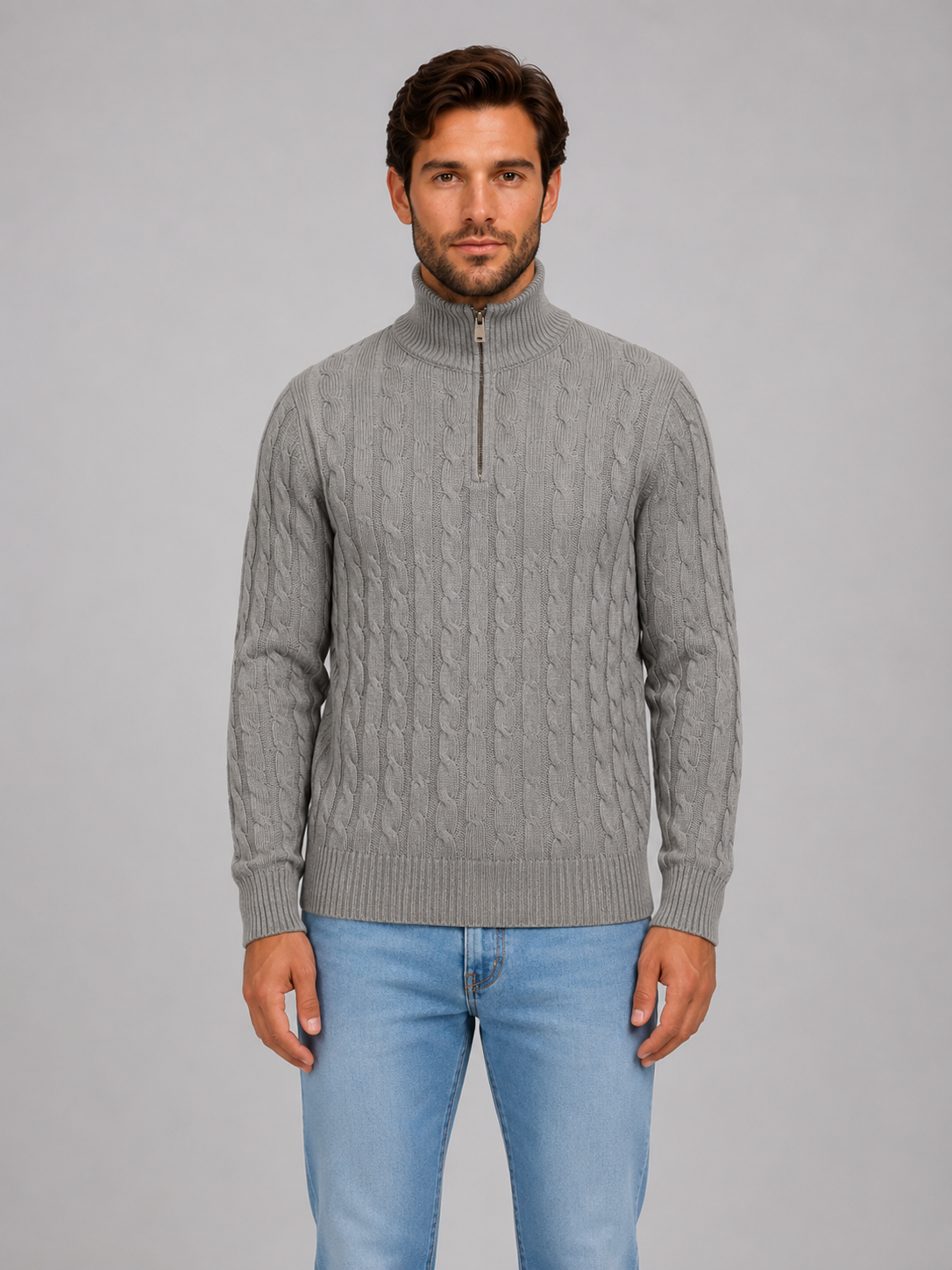 Kacob | Men's Cable Knit Quarter Zip Jumper – Funnel Neck Knitted Jumper