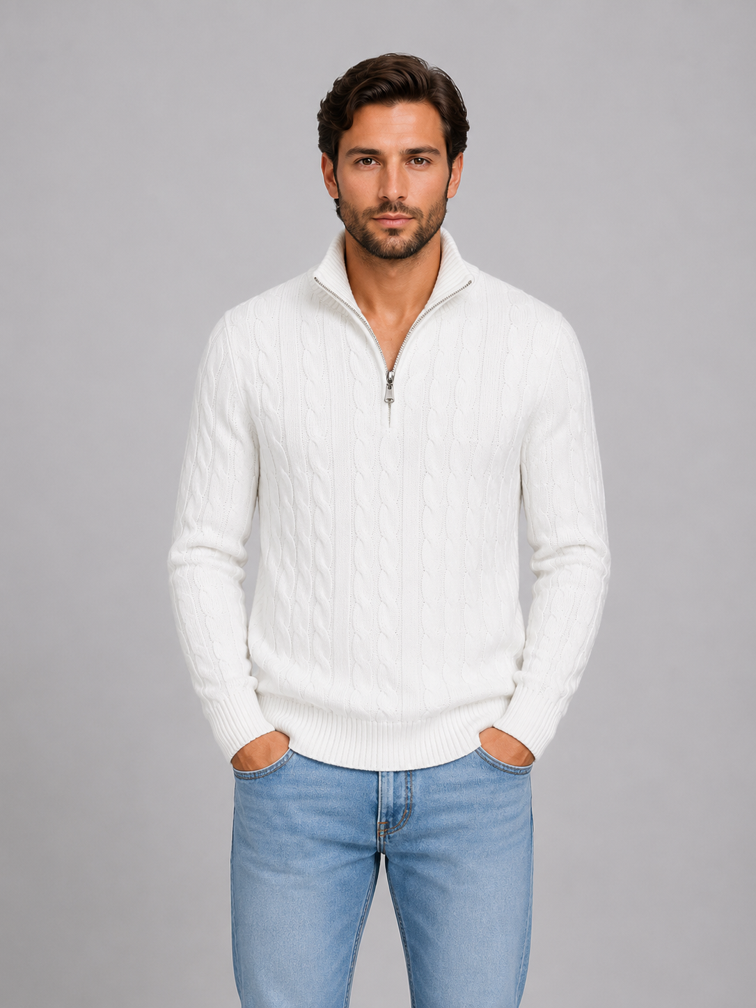 Kacob | Men's Cable Knit Quarter Zip Jumper – Funnel Neck Knitted Jumper