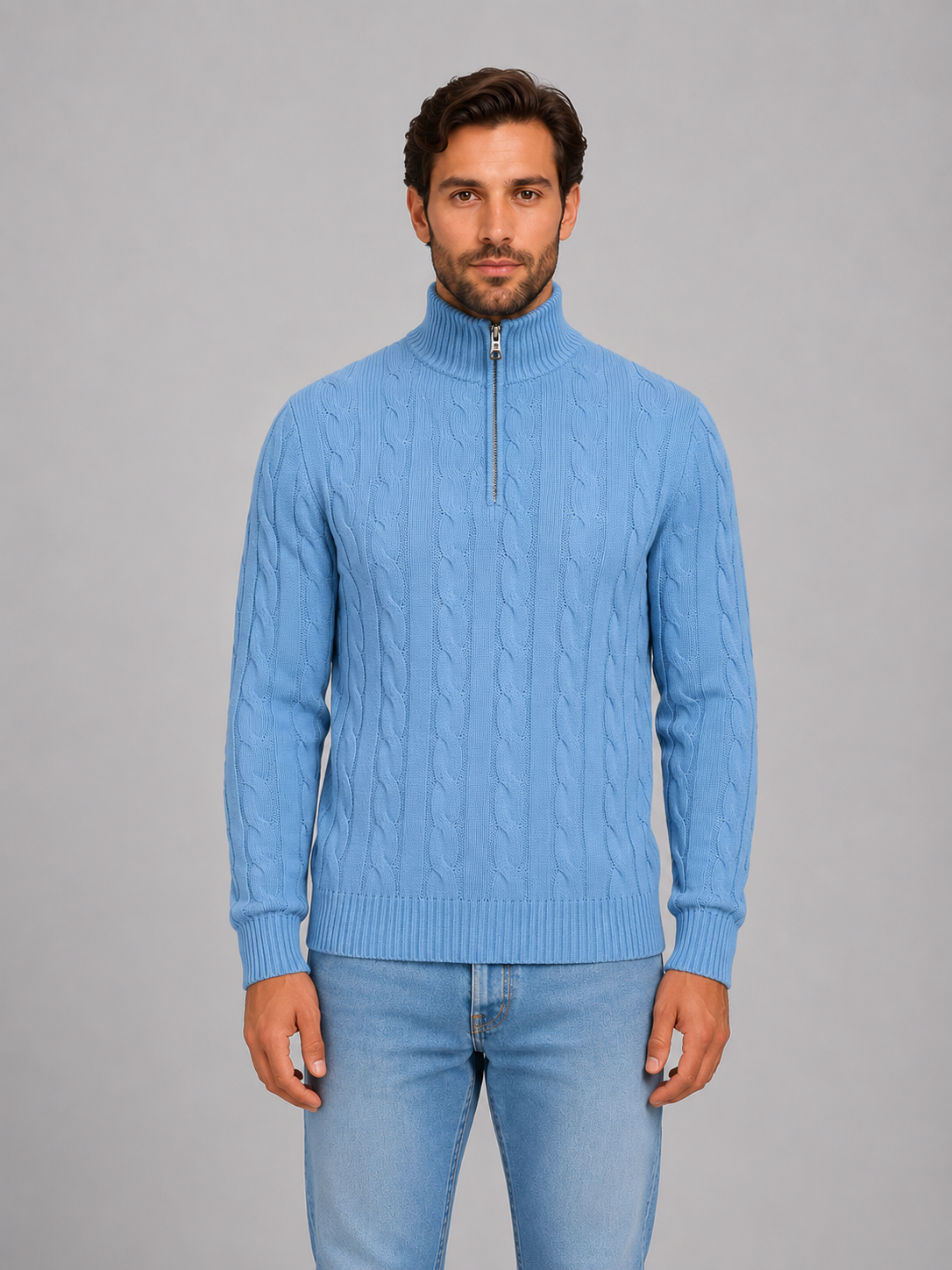 Kacob | Men's Cable Knit Quarter Zip Jumper – Funnel Neck Knitted Jumper