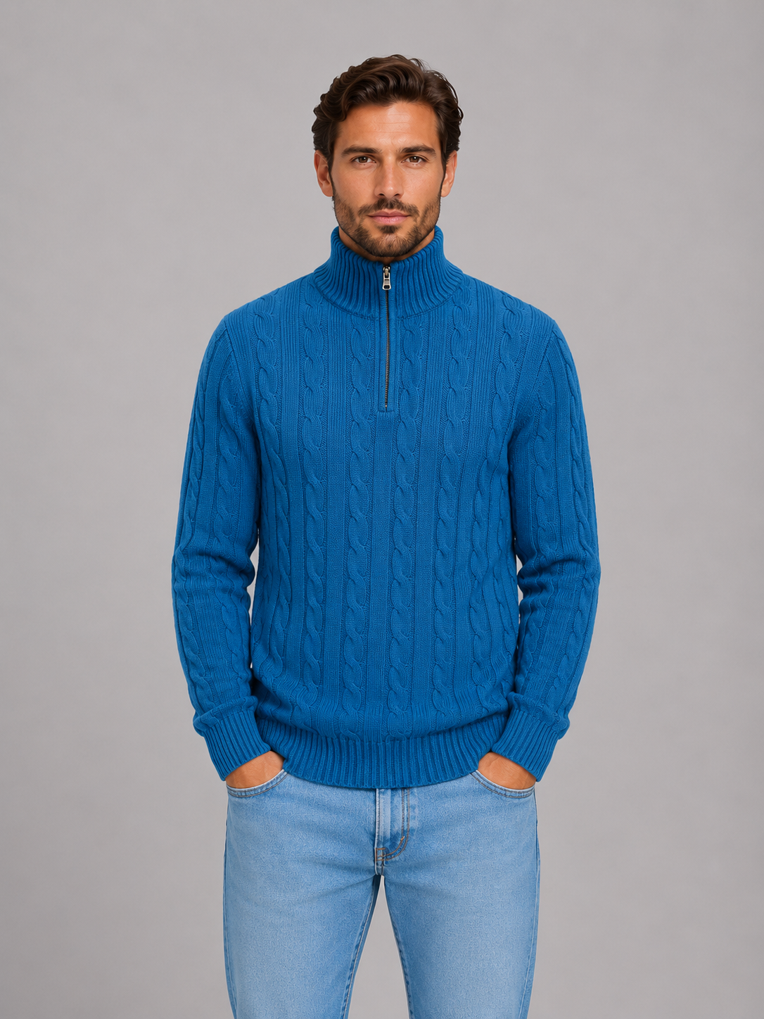 Kacob | Men's Cable Knit Quarter Zip Jumper – Funnel Neck Knitted Jumper