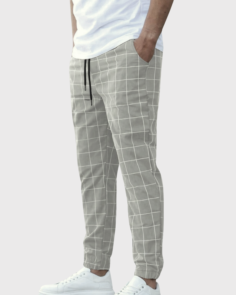 Kacob | Men's Check Joggers – Slim Grid Pattern Drawstring Trousers