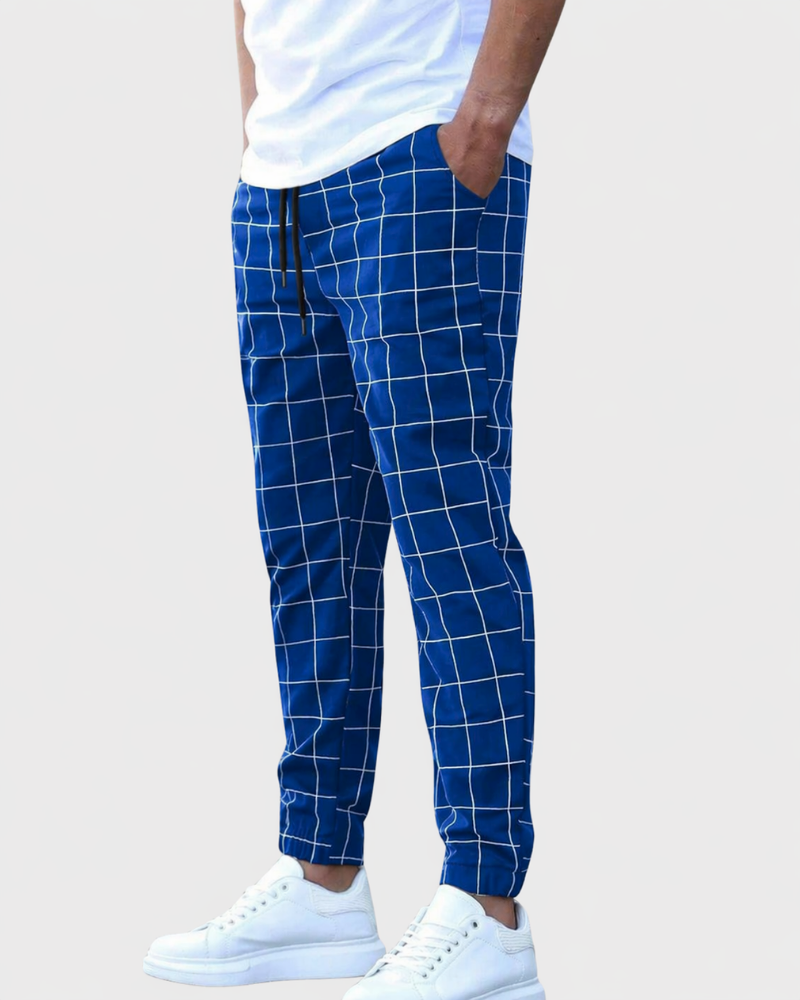 Kacob | Men's Check Joggers – Slim Grid Pattern Drawstring Trousers