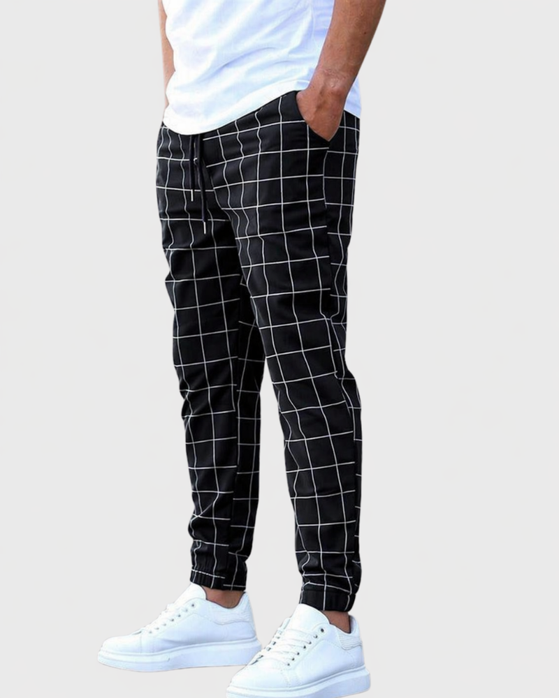 Kacob | Men's Check Joggers – Slim Grid Pattern Drawstring Trousers
