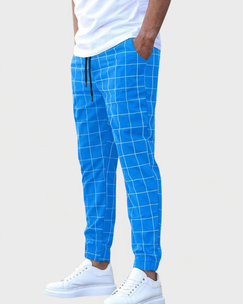 Kacob | Men's Check Joggers – Slim Grid Pattern Drawstring Trousers