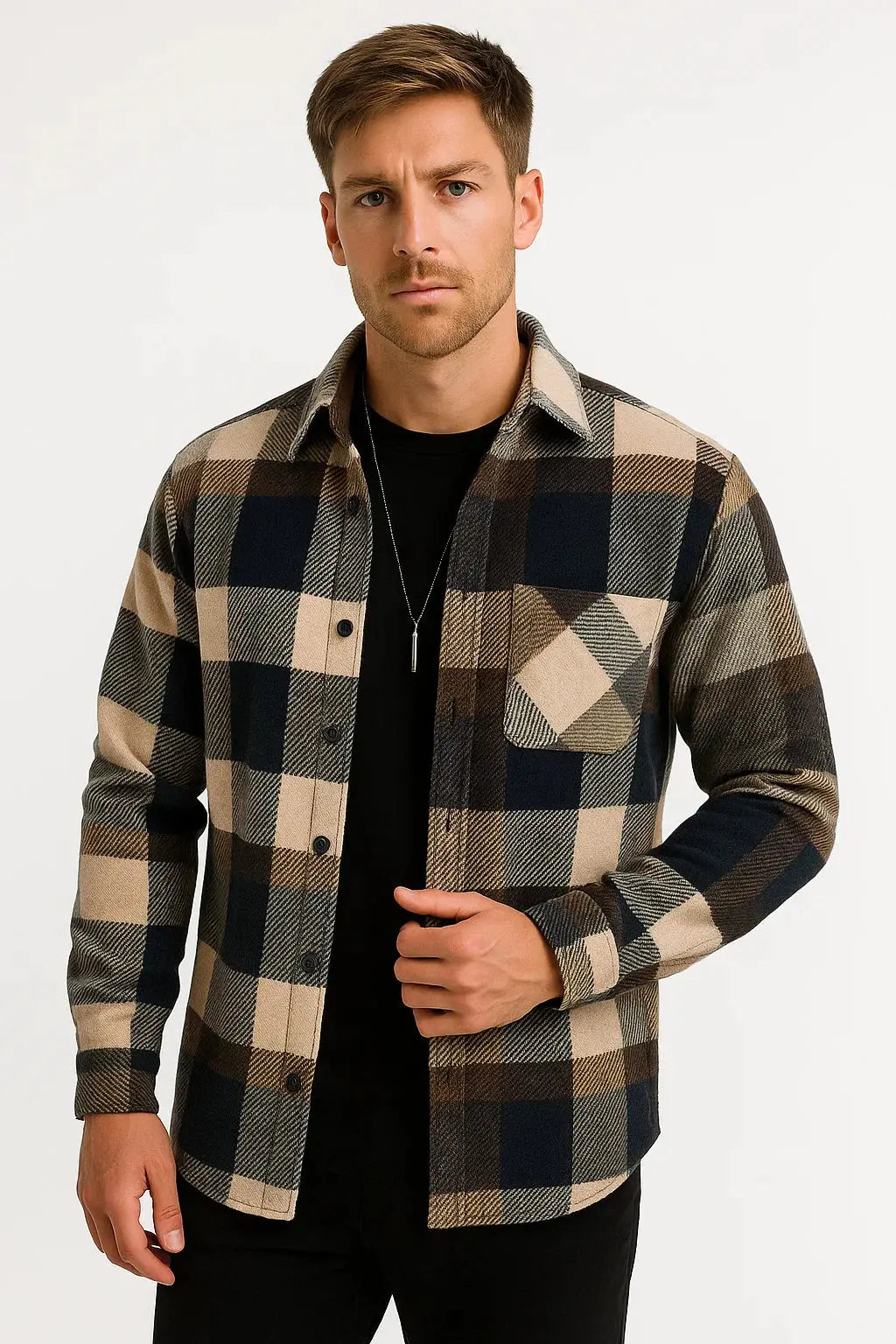 Kacob | Men's Check Overshirt – Long Sleeve Casual Plaid Shirt
