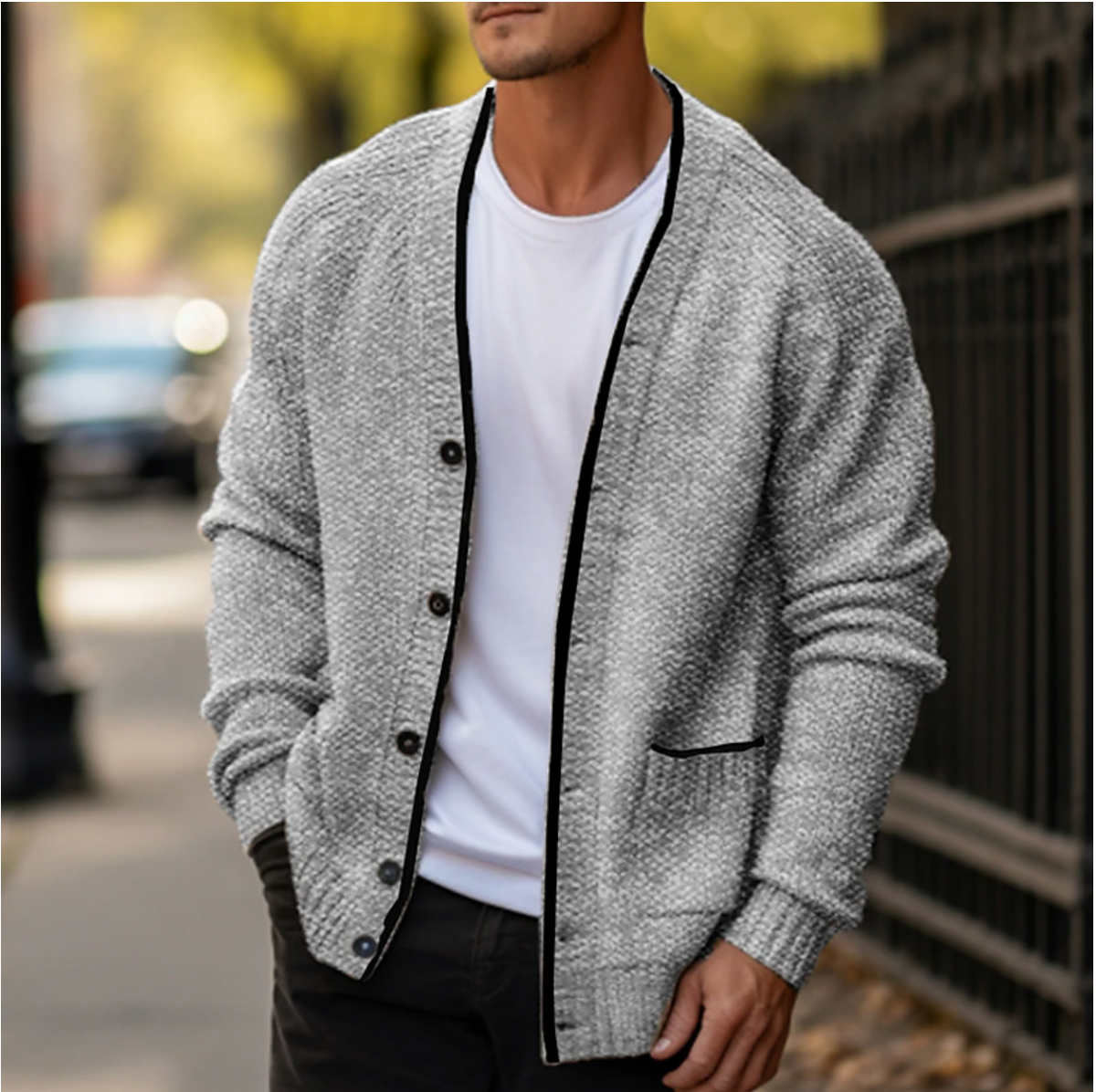 Kacob | Men's Contrast Trim Cardigan – V-Neck Button Knit Cardigan