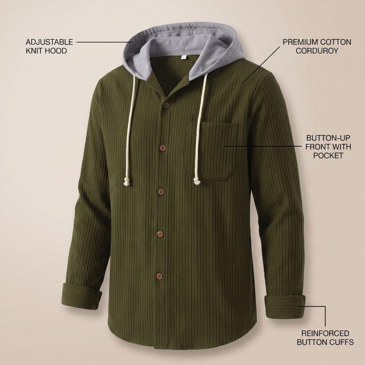 Kacob | Men's Corduroy Button Up Hoodie – Hooded Overshirt Shacket