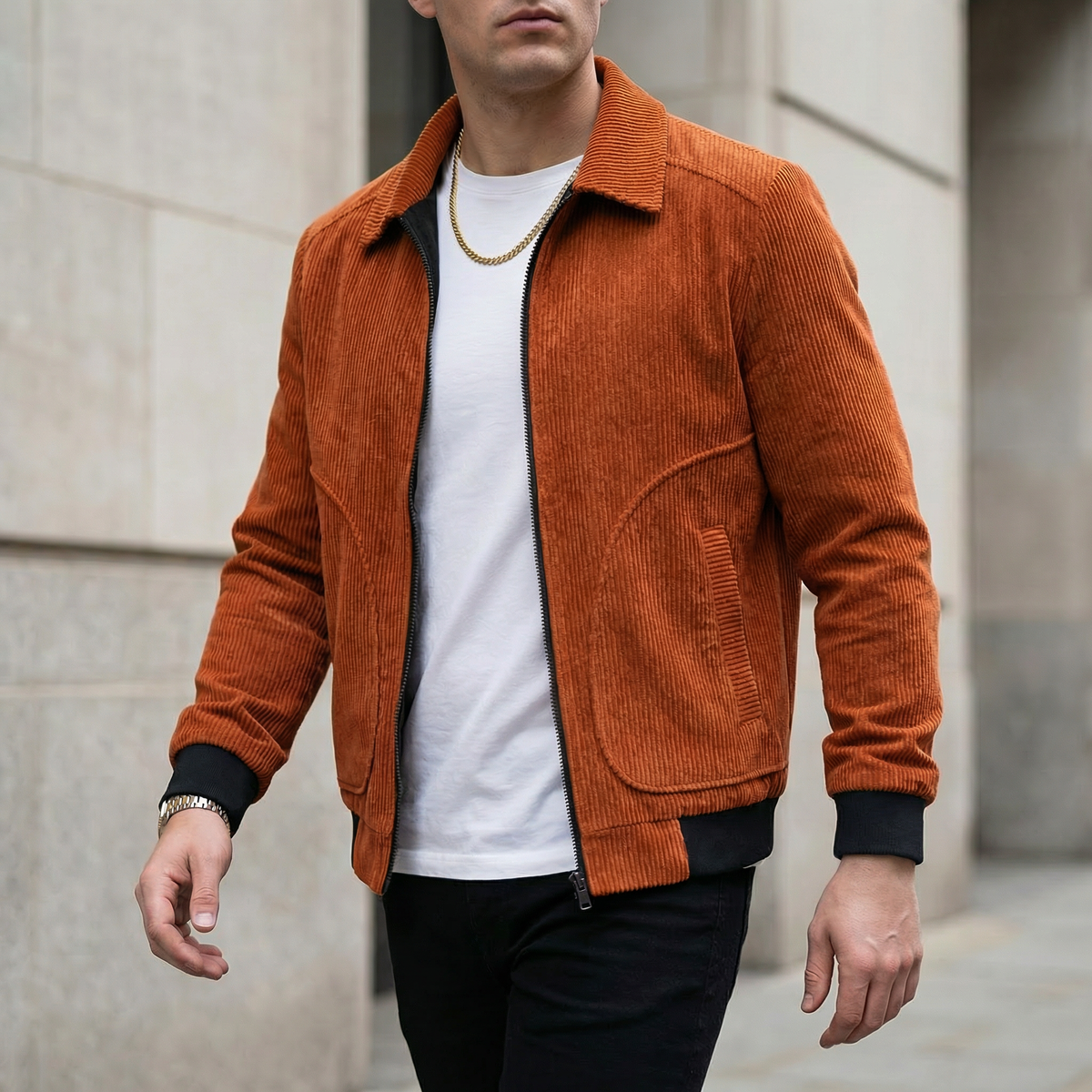 Men's Corduroy Zip-Up Jacket – Collared Casual Bomber Style Jacket
