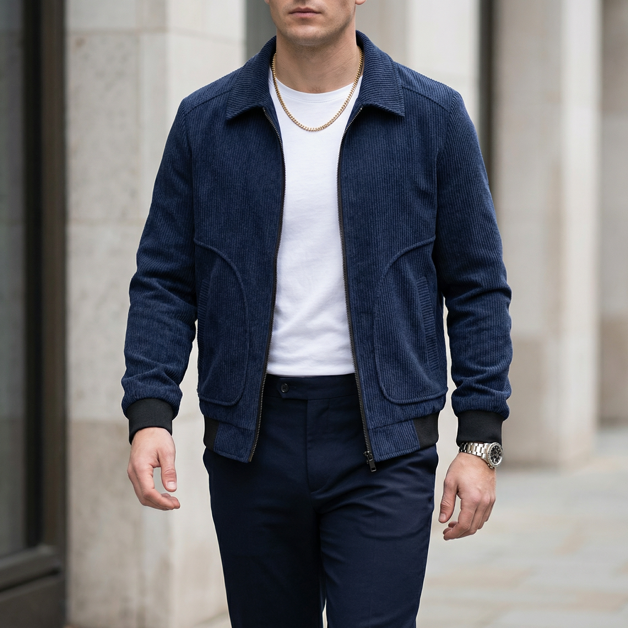 Men's Corduroy Zip-Up Jacket – Collared Casual Bomber Style Jacket