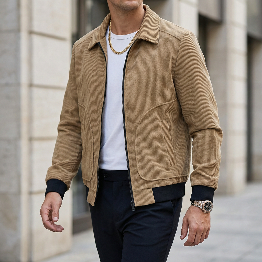Men's Corduroy Zip-Up Jacket – Collared Casual Bomber Style Jacket